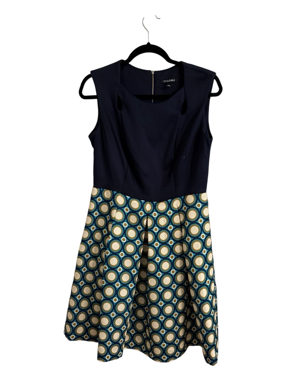 Roz & Ali Fit & Flare Dress Size 10 Navy Blue Geometric Print